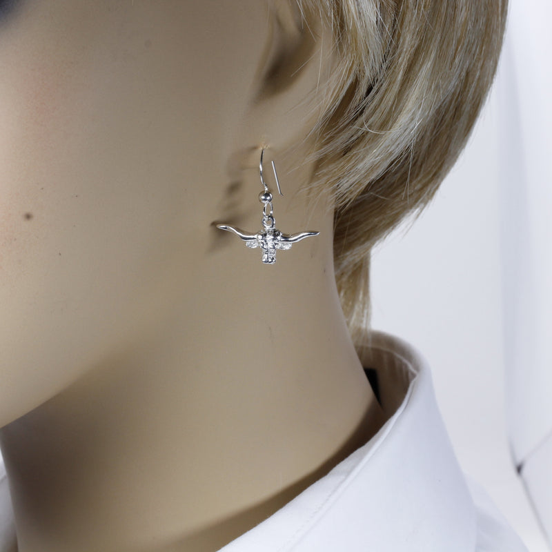 Silver Longhorn Head Earrings in small size made in 925 Sterling Silver