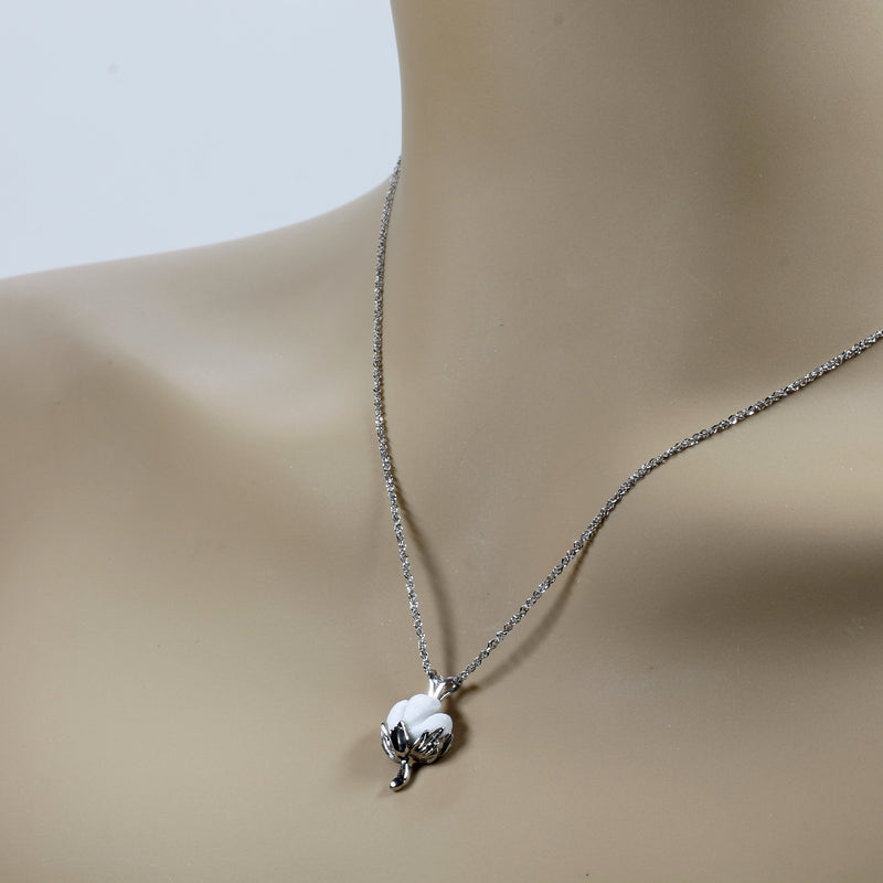 Matching Set of Cotton Boll Necklace And Stud Earrings in 14kt White Gold