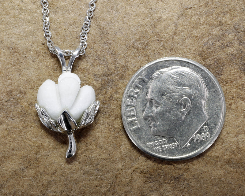 Matching Set of Cotton Boll Necklace And Stud Earrings in 14kt White Gold