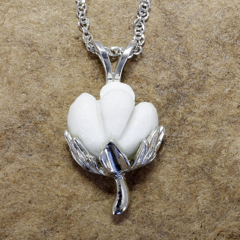 Matching Set of Cotton Boll Necklace And Stud Earrings in 14kt White Gold