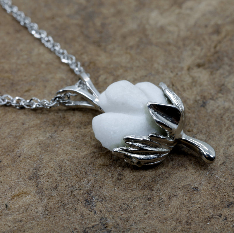 Matching Set of Cotton Boll Necklace And Stud Earrings in 14kt White Gold