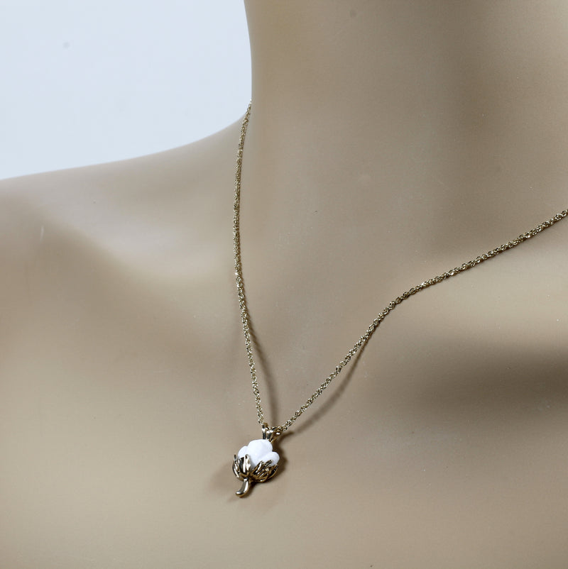 Matching Set of Cotton Boll Necklace And Dangle Earrings in 14kt Yellow Gold