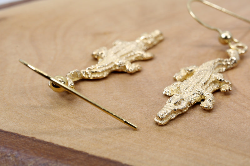 Small Gold Alligator Dangle Earrings for her made in Solid 14kt Gold