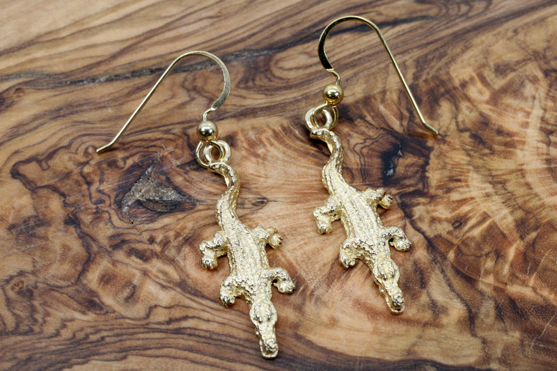 Small Gold Alligator Dangle Earrings for her made in Solid 14kt Gold