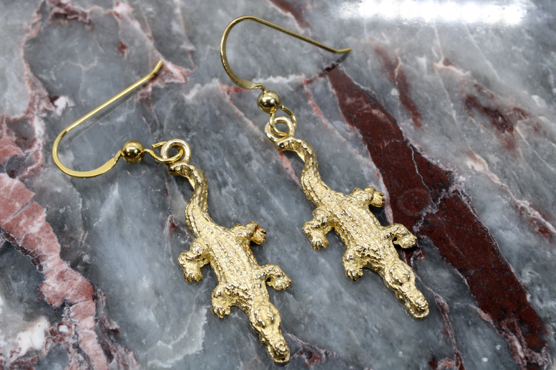 Small Gold Alligator Dangle Earrings for her made in Solid 14kt Gold