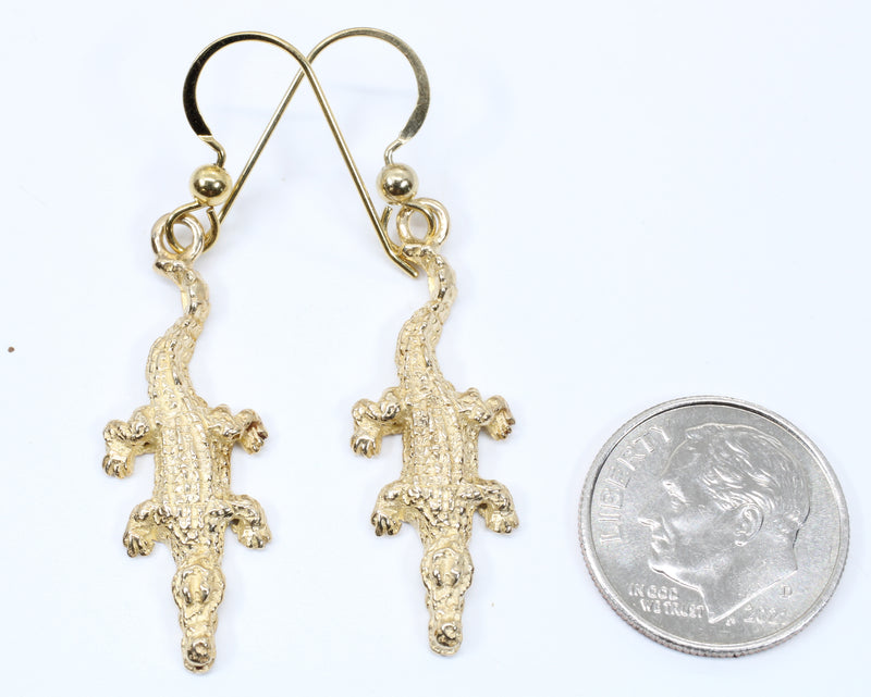 Small Gold Alligator Dangle Earrings for her made in Solid 14kt Gold
