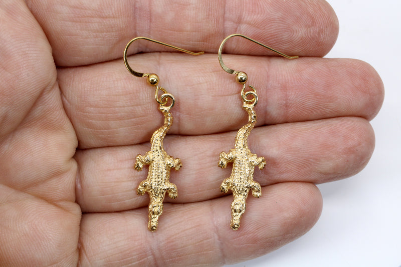 Small Gold Alligator Dangle Earrings for her made in Solid 14kt Gold