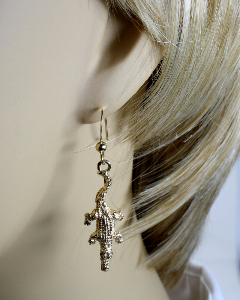 Small Gold Alligator Dangle Earrings for her made in Solid 14kt Gold
