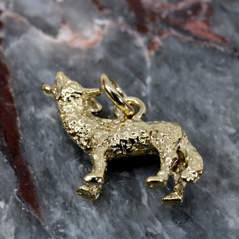 Gold Coyote Charm with 14kt gold vermeil 3D Howling Coyote