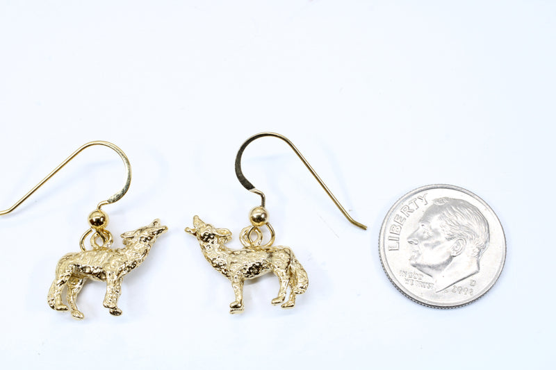Gold Coyote Earrings with 14kt gold vermeil 3D Howling Coyotes