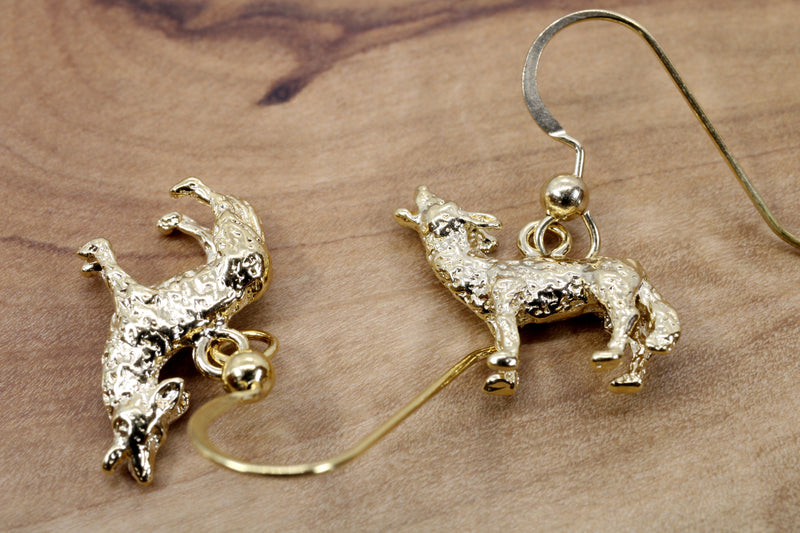 Gold Coyote Earrings with 14kt gold vermeil 3D Howling Coyotes