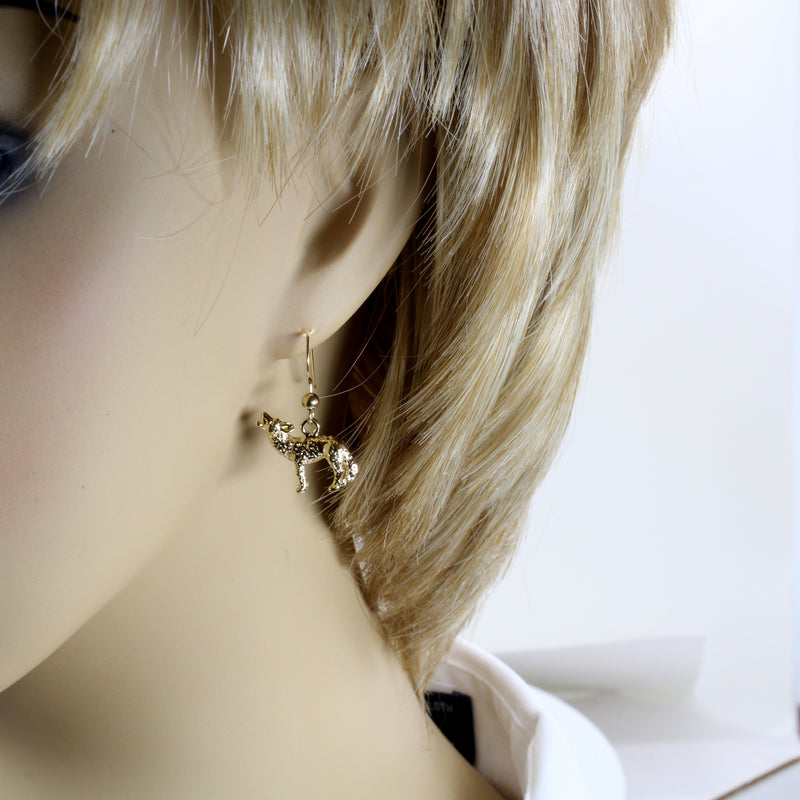 Gold Coyote Earrings with 14kt gold vermeil 3D Howling Coyotes