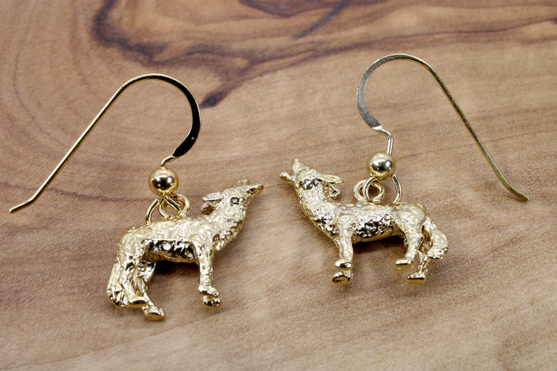 Gold Coyote Earrings with 14kt gold vermeil 3D Howling Coyotes