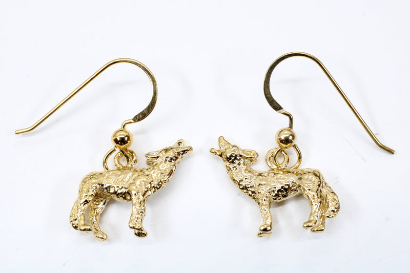 Gold Coyote Earrings with 14kt gold vermeil 3D Howling Coyotes
