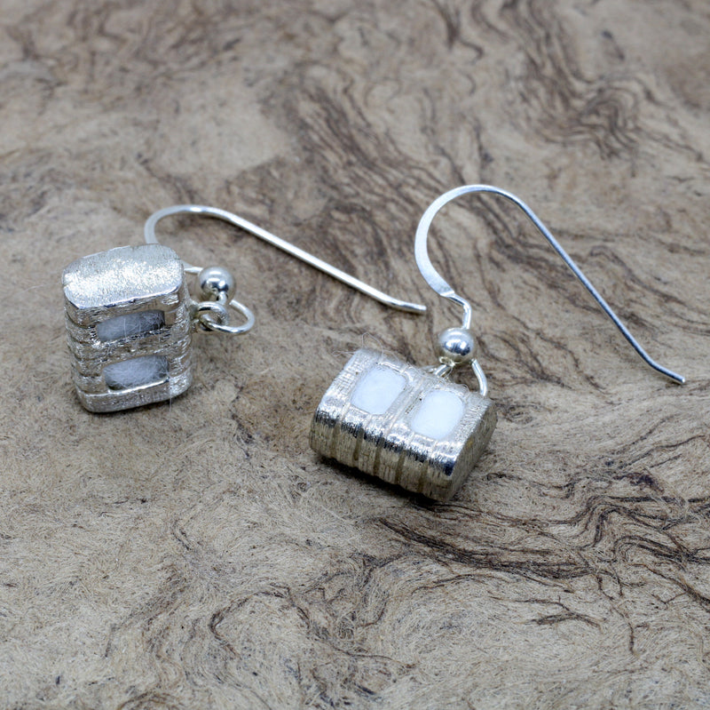 Cotton Bale Dangle Earrings with actual cotton inside in sterling silver