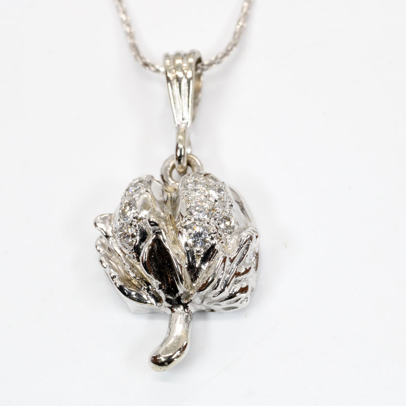 Set of Diamond Cotton Boll Necklace and Earrings in White Gold