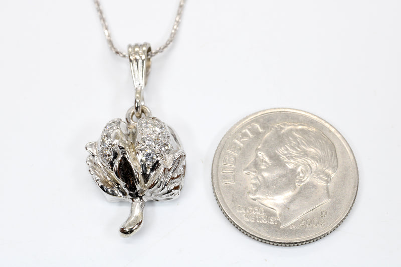 Set of Diamond Cotton Boll Necklace and Earrings in White Gold