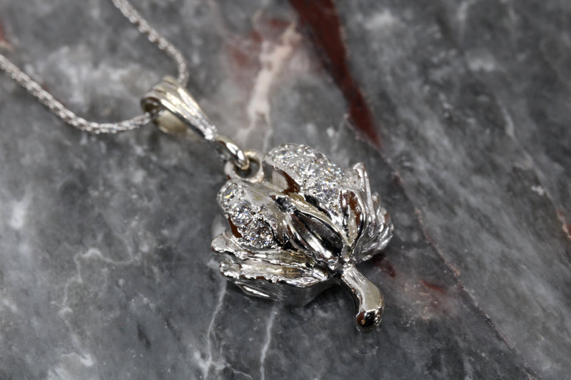 Set of Diamond Cotton Boll Necklace and Earrings in White Gold