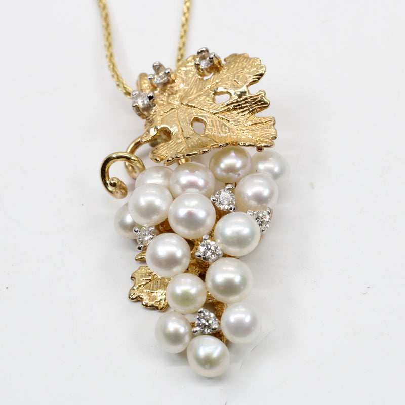 White Pearls Grape Cluster Necklace with diamonds made in 14kt Gold