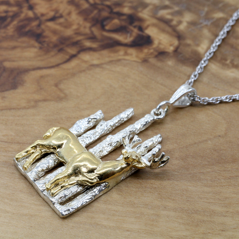 Whitetail Deer Necklace Gift for Her with 14kt Gold Vermeil Deer in the Woods
