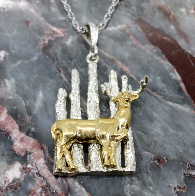 Whitetail Deer Necklace Gift for Her with 14kt Gold Vermeil Deer in the Woods