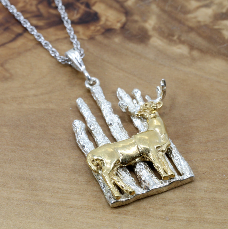 Whitetail Deer Necklace Gift for Her with 14kt Gold Vermeil Deer in the Woods