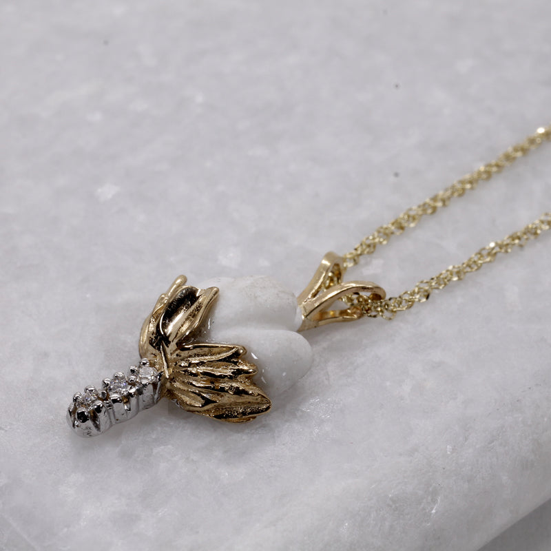 Cotton Boll Necklace And Dangle Earrings with Diamonds in Yellow Gold