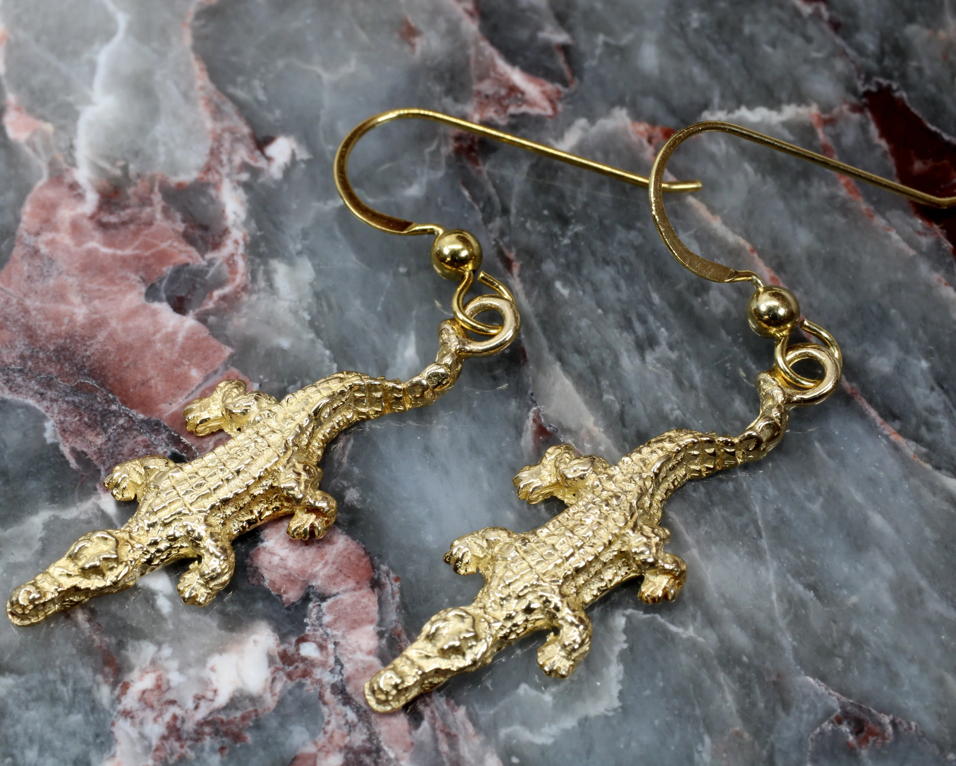 Small Gold Alligator Dangle Earrings for her made in Solid 14kt Gold Questions & Answers