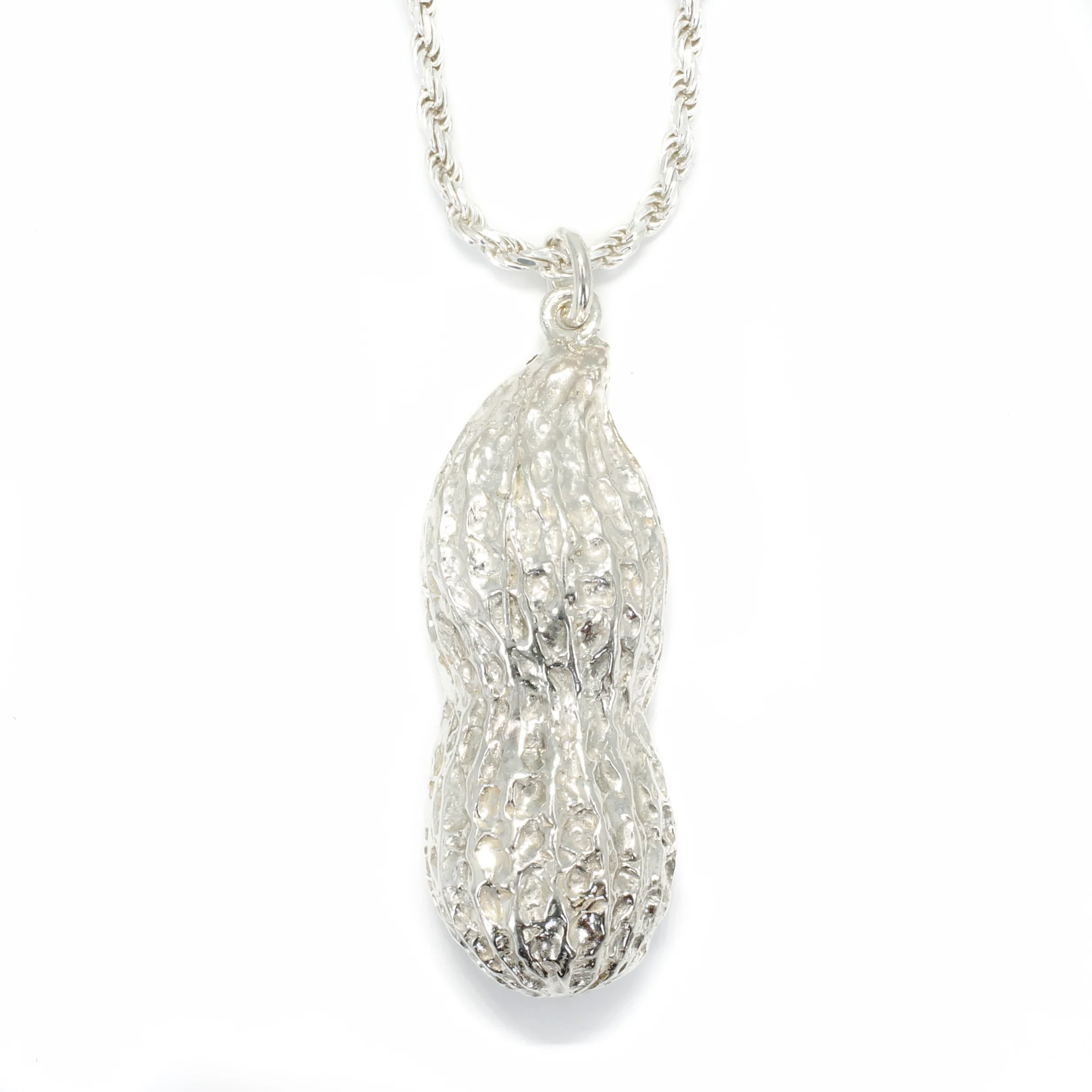 Giant Peanut Shell Necklace on Rope Chain made in 925 Sterling Silver Questions & Answers