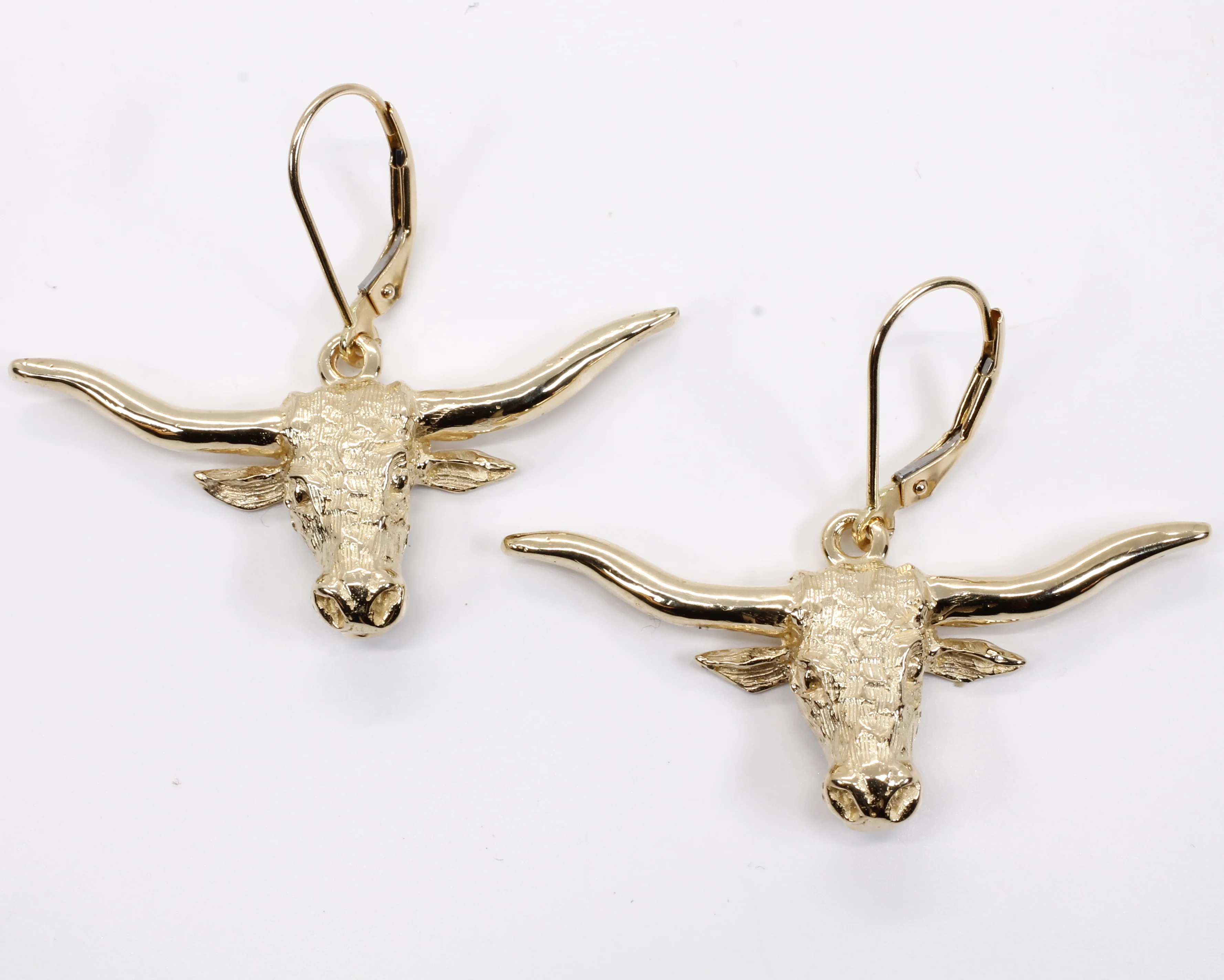 Large 14kt Longhorn Head Dangle Earrings for her in Solid 14kt Gold Questions & Answers