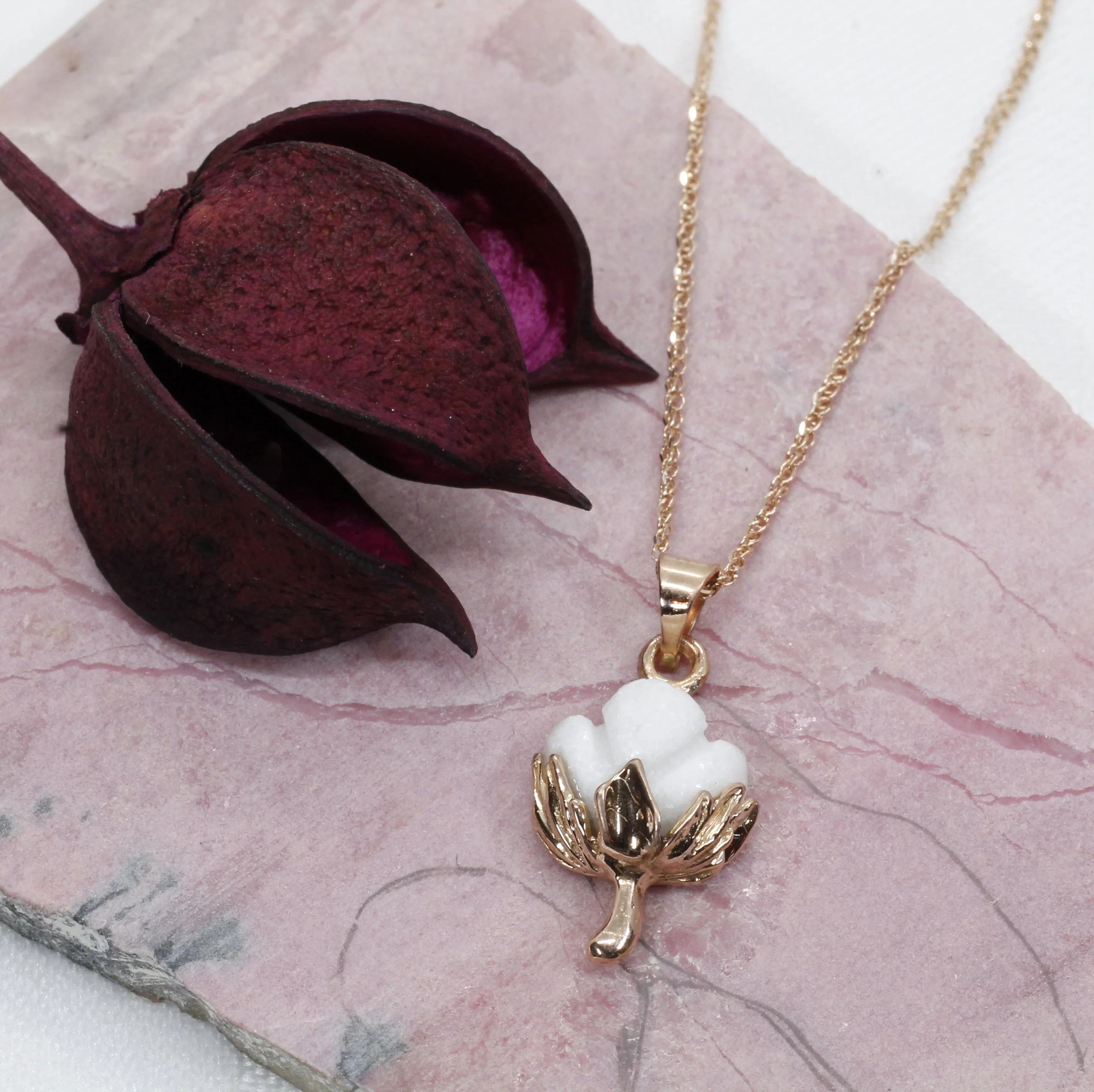 14kt Rose Gold Cotton Boll Necklace with White Cotton Stone Questions & Answers