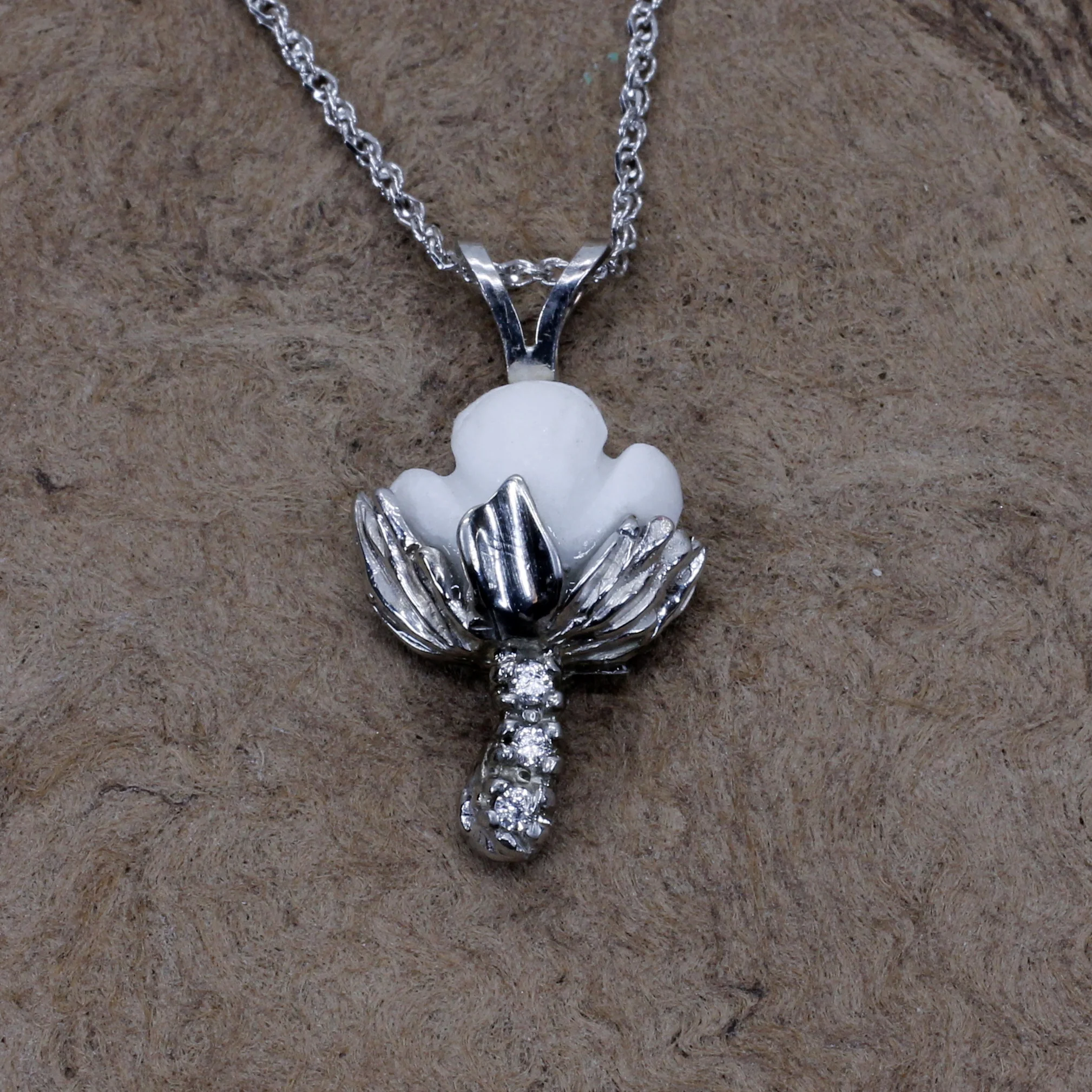 Cotton Boll Necklace in White Gold with White Stone and Diamond Stem Questions & Answers