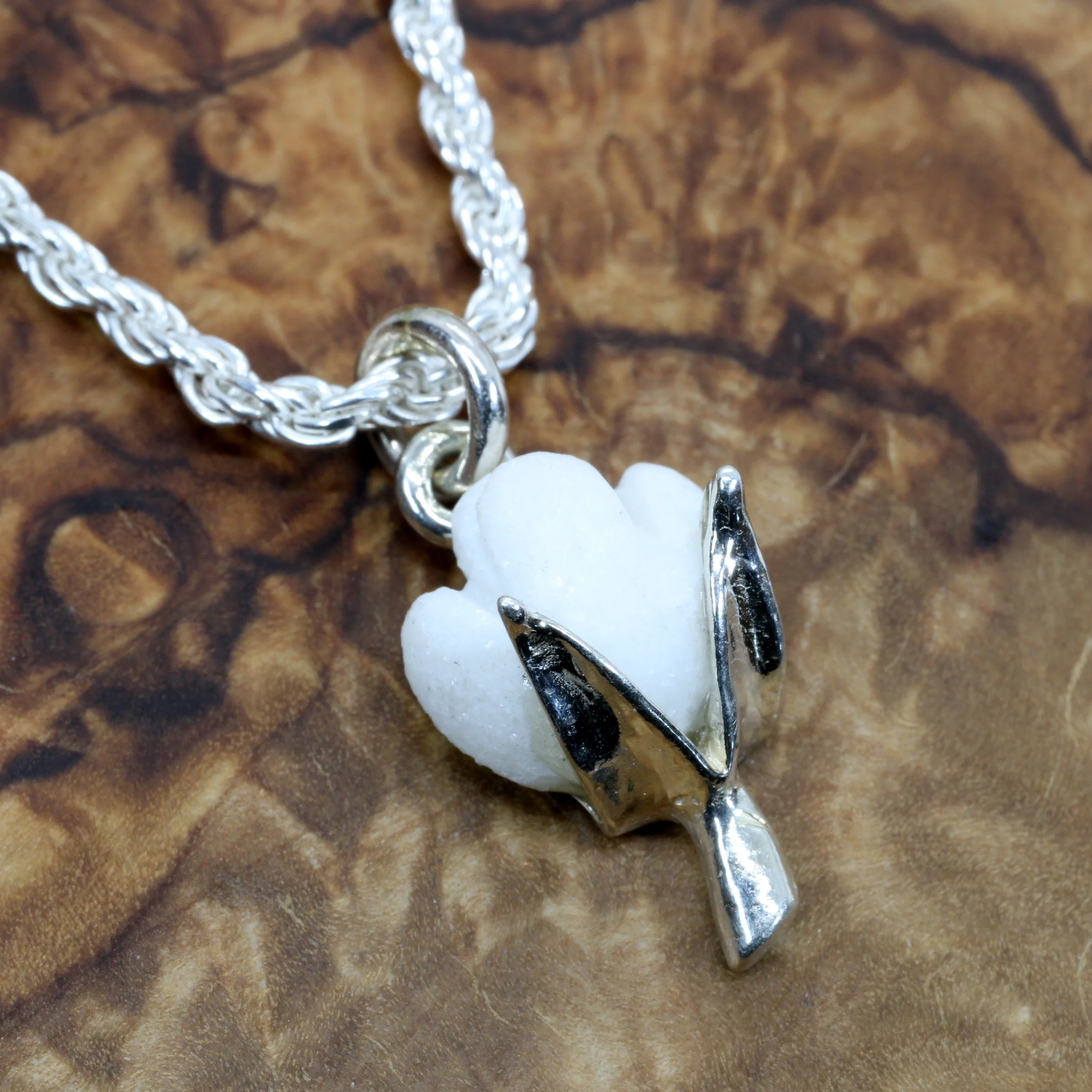Cotton Anniversary Gift For Him Silver Cotton Boll Necklace with White Stone Questions & Answers