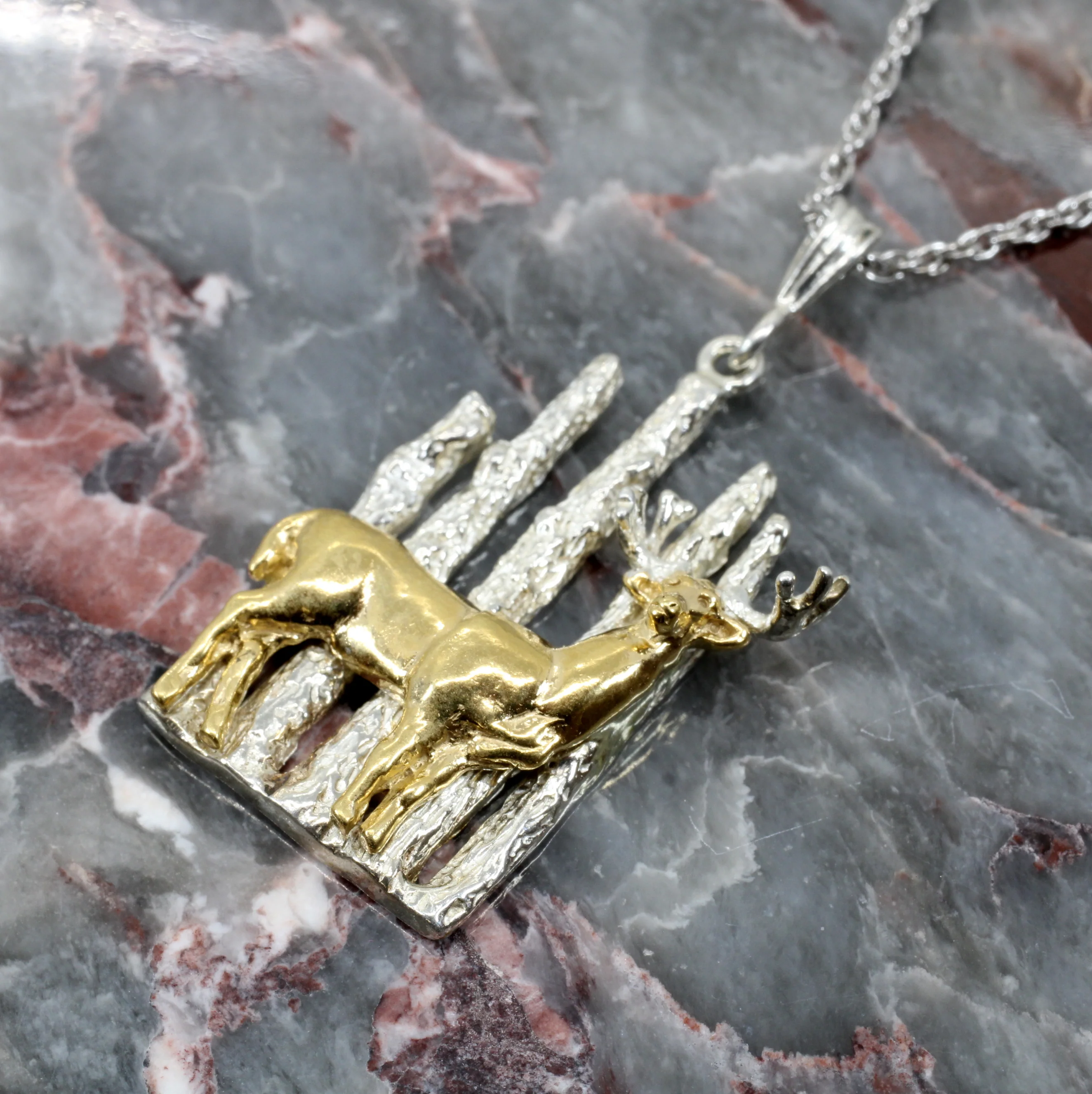 Whitetail Deer Necklace Gift for Her with 14kt Gold Vermeil Deer in the Woods Questions & Answers