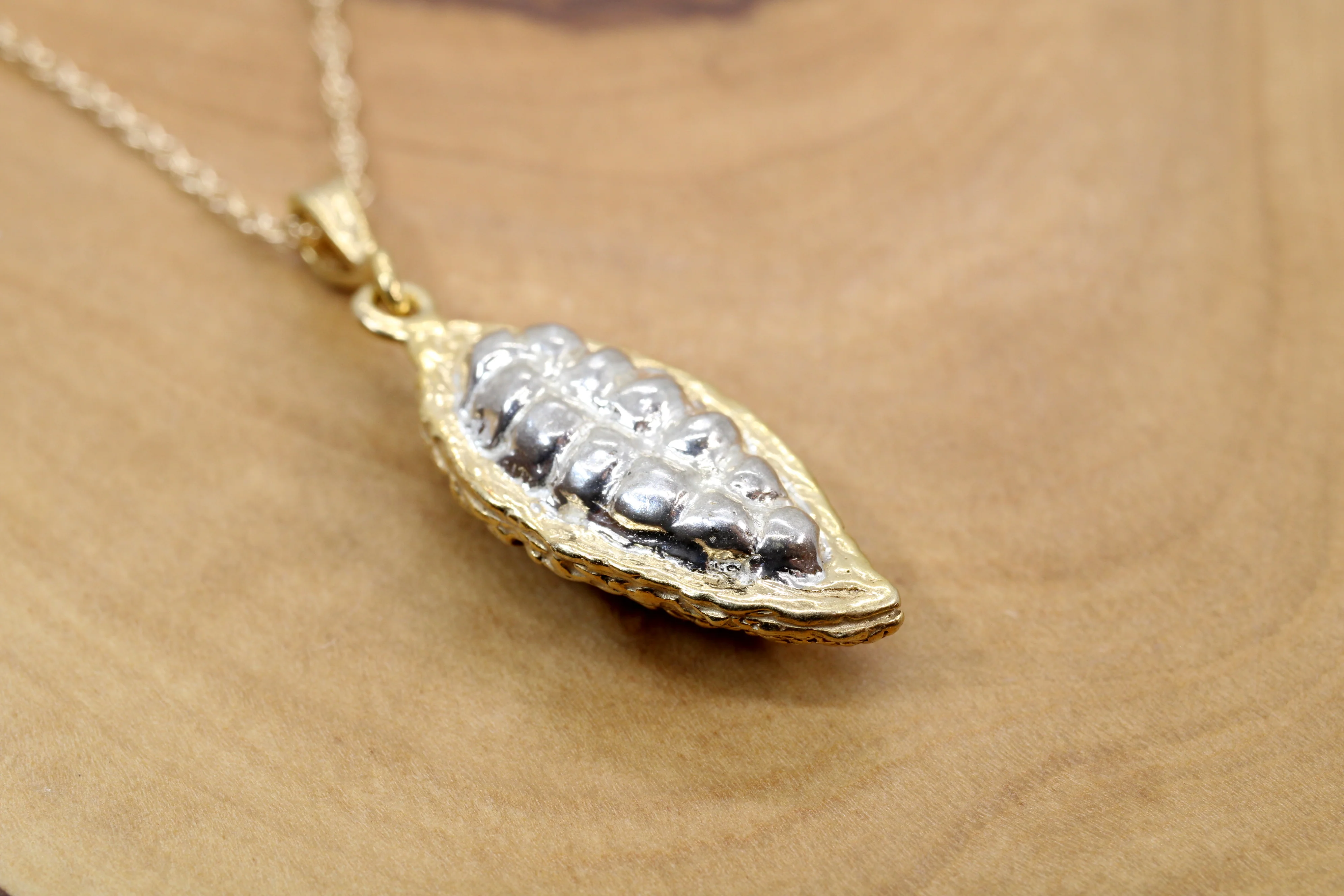 Gold Cocoa or Cacao bean fruit pod necklace made in 14kt gold vermeil for him or her Questions & Answers