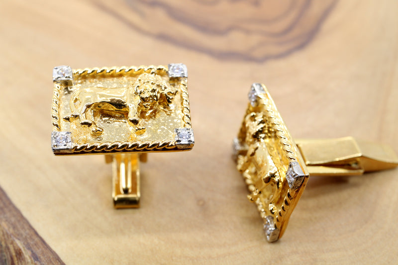 Mans 18kt Gold Vermeil Lion Body Cuff Links with CZ Corners