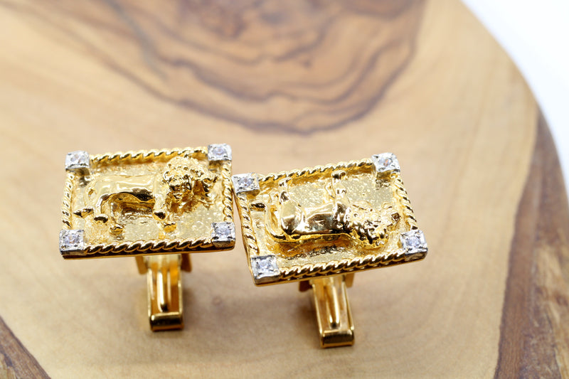 Mans 18kt Gold Vermeil Lion Body Cuff Links with CZ Corners