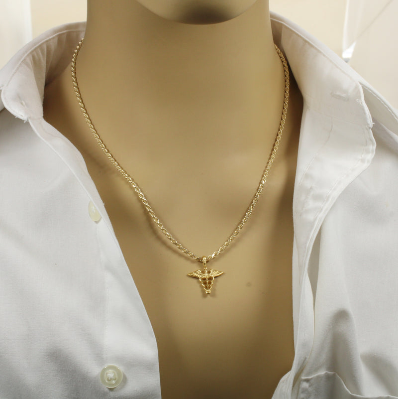 Gold Caduceus Necklace for him or her made in 14kt gold vermeil