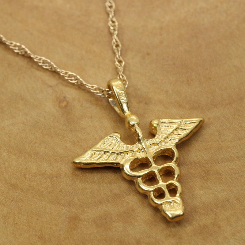 Gold Caduceus Necklace for him or her made in 14kt gold vermeil