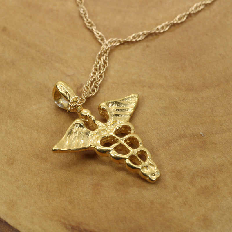 Gold Caduceus Necklace for him or her made in 14kt gold vermeil