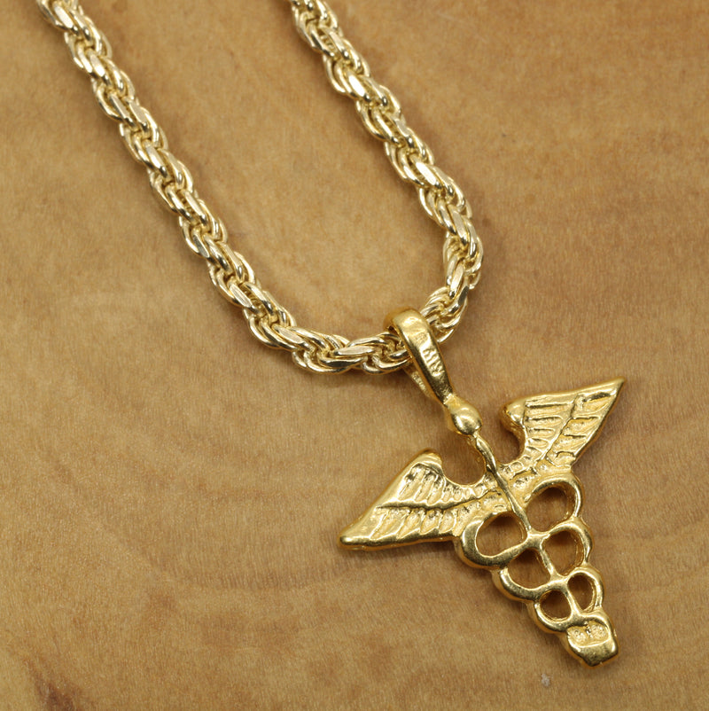Gold Caduceus Necklace for him or her made in 14kt gold vermeil