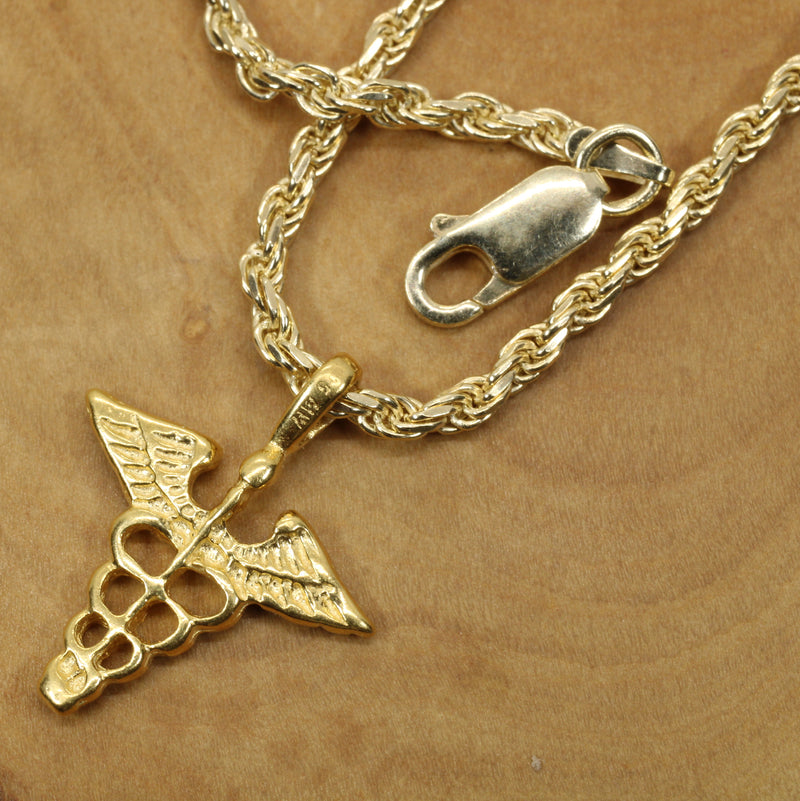 Gold Caduceus Necklace for him or her made in 14kt gold vermeil