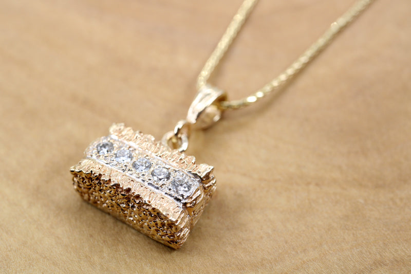 Diamond Alfalfa Hay Bale Necklace made in solid 14kt gold