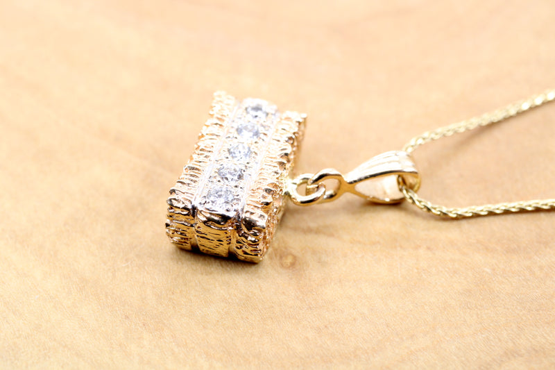 Diamond Alfalfa Hay Bale Necklace made in solid 14kt gold