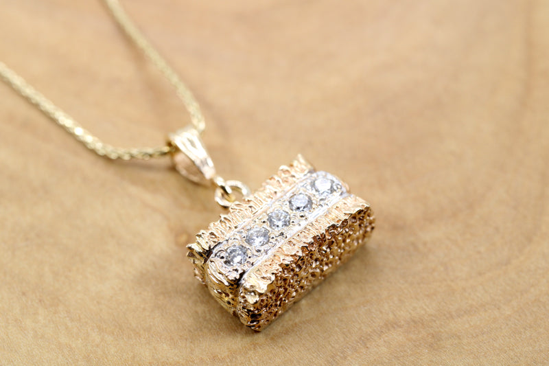 Diamond Alfalfa Hay Bale Necklace made in solid 14kt gold