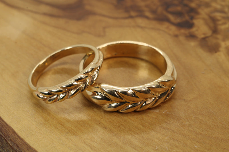 Matching Wheat Wedding Band Set made in 14kt yellow gold