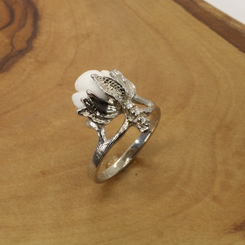 Cotton Boll Ring in 14kt White Gold with Hand Carved white stone and diamonds