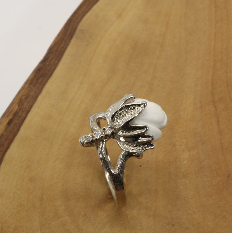 Cotton Boll Ring in 14kt White Gold with Hand Carved white stone and diamonds