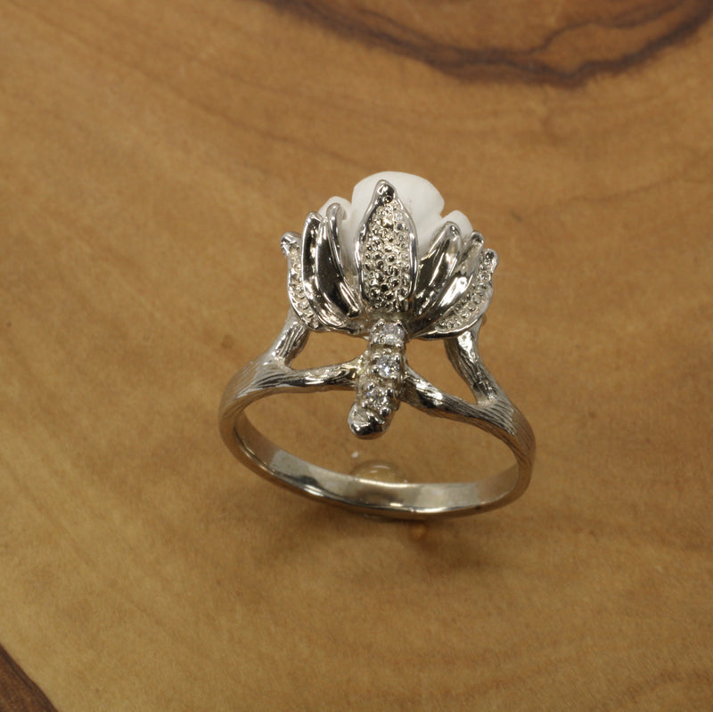 Cotton Boll Ring in 14kt White Gold with Hand Carved white stone and diamonds