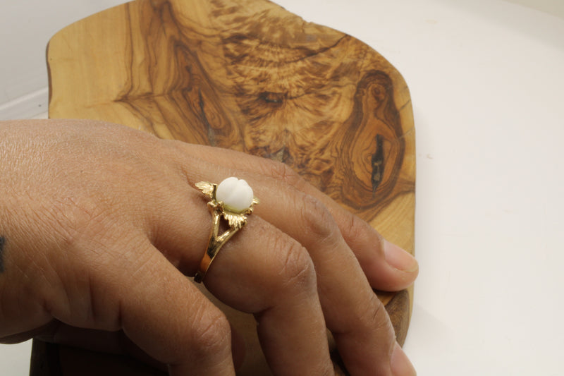 Cotton Boll Ring with Three-Dimensional Hand Carved white quartz stone